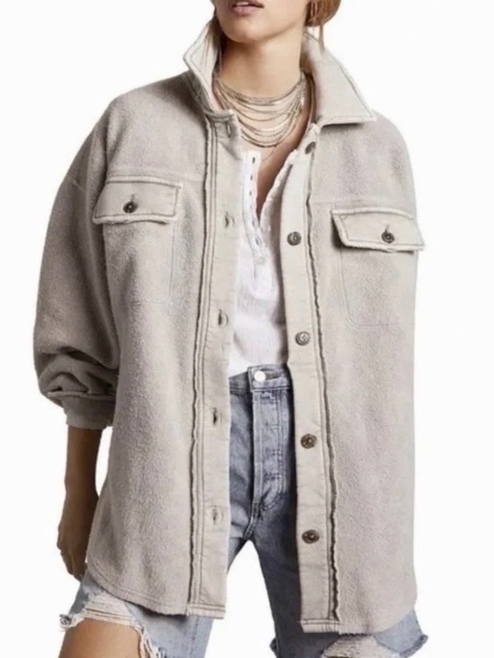 Free People Jackets & Blazers - Free People Ruby Jacket Shacket Fleece Button Up Shirt Beige Women’s M Flawed